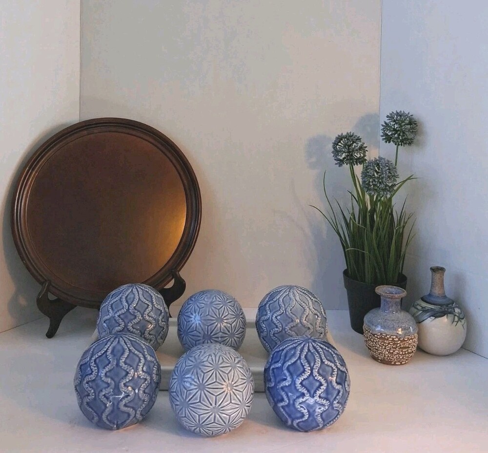 Set of 6 IMAX Barrett Blue White Ceramic Decorative Spheres Orbs Bowl Filler 4"